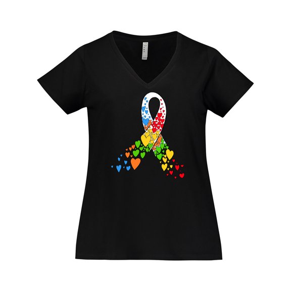 Inktastic Autism Awareness Red Yellow Green Orange Blue Heart Ribbon Women's Plus Size V-Neck T-Shirt