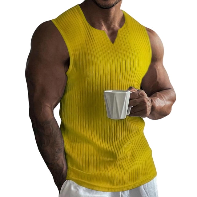 Eryao Men's Sleeveless Gym Vest Ribbed Knit Muscle T-Shirts Lightweight Breathable Workout Sports Tank Tops,Yellow,S