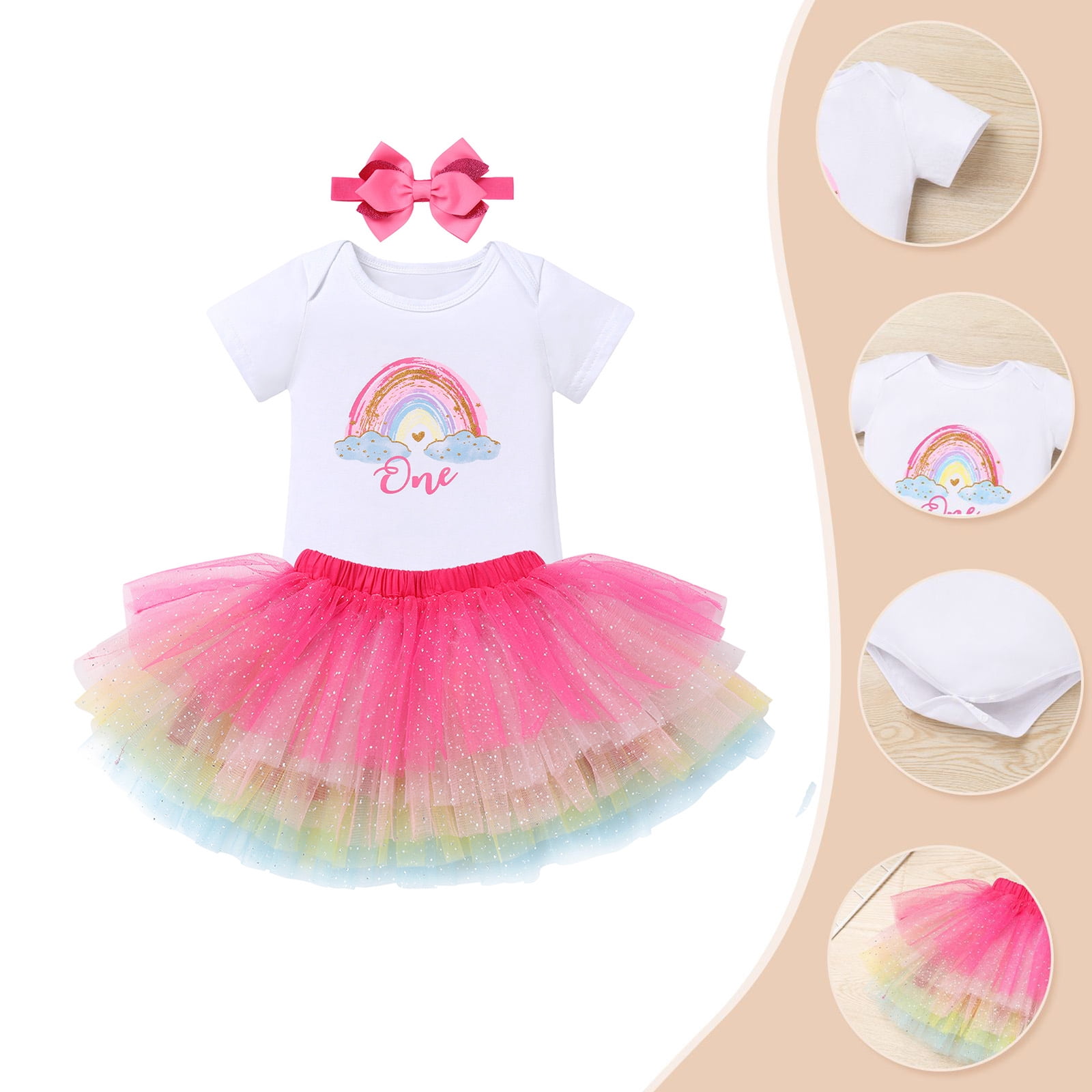 IBTOM CASTLE Infant Baby Girls 1st Birthday Outfits Short Sleeve Romper + Tutu Skirt + Headband 3PCS Set for Cake Smash Photoshoot 1 Year Hot Pink