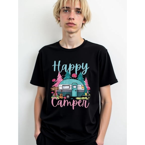 Happy Camper Adventure Tee mens t shirt black graphic casual Daily and weekend wear Weekend casual wear Fashion Unisex Shirt Short Sleeve tshirts