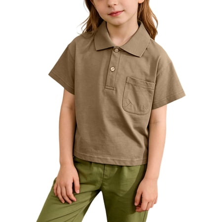 AHTJRT T-Shirt for Boys Girls Kids Unisex Lapel Quarter Button Short Sleeve Tees with Chest Pocket Lightweight Summer Golf Shirt Khaki 6-7 Years