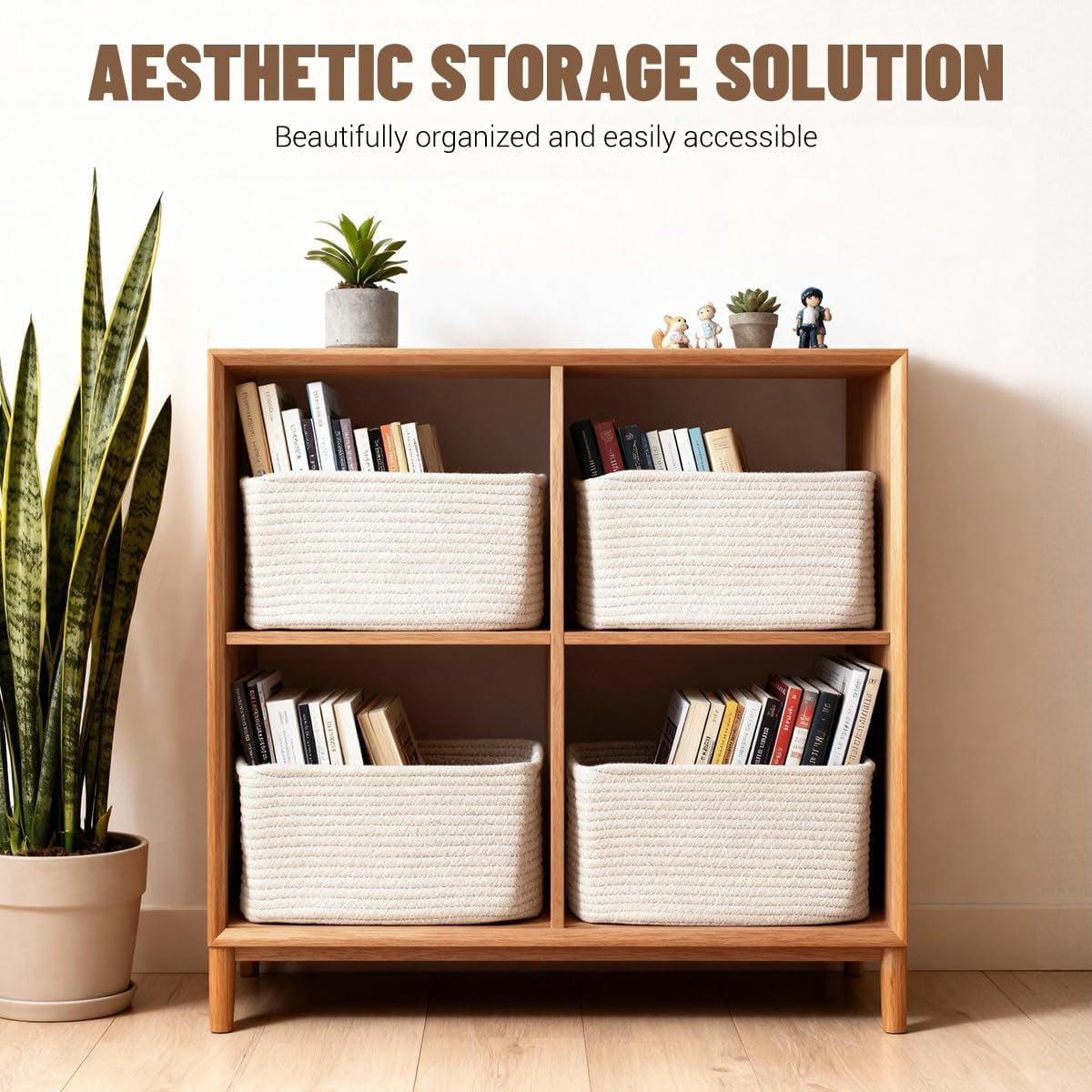 Woven Storage Baskets for Shelves, Decorative Basket Organizer Storage Bins for Toys, Books, Clothes, Closet, Nursery, Bathroom – Cotton Rope Shelf Baskets for Organizing, Khaki & White