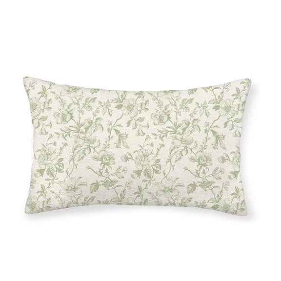 Green Floral Toile Lumbar Throw Cover Botanical Print Rectangular Soft Decorative Pillowcase Sofa Couch Bed Farmhouse Home 50x30cm
