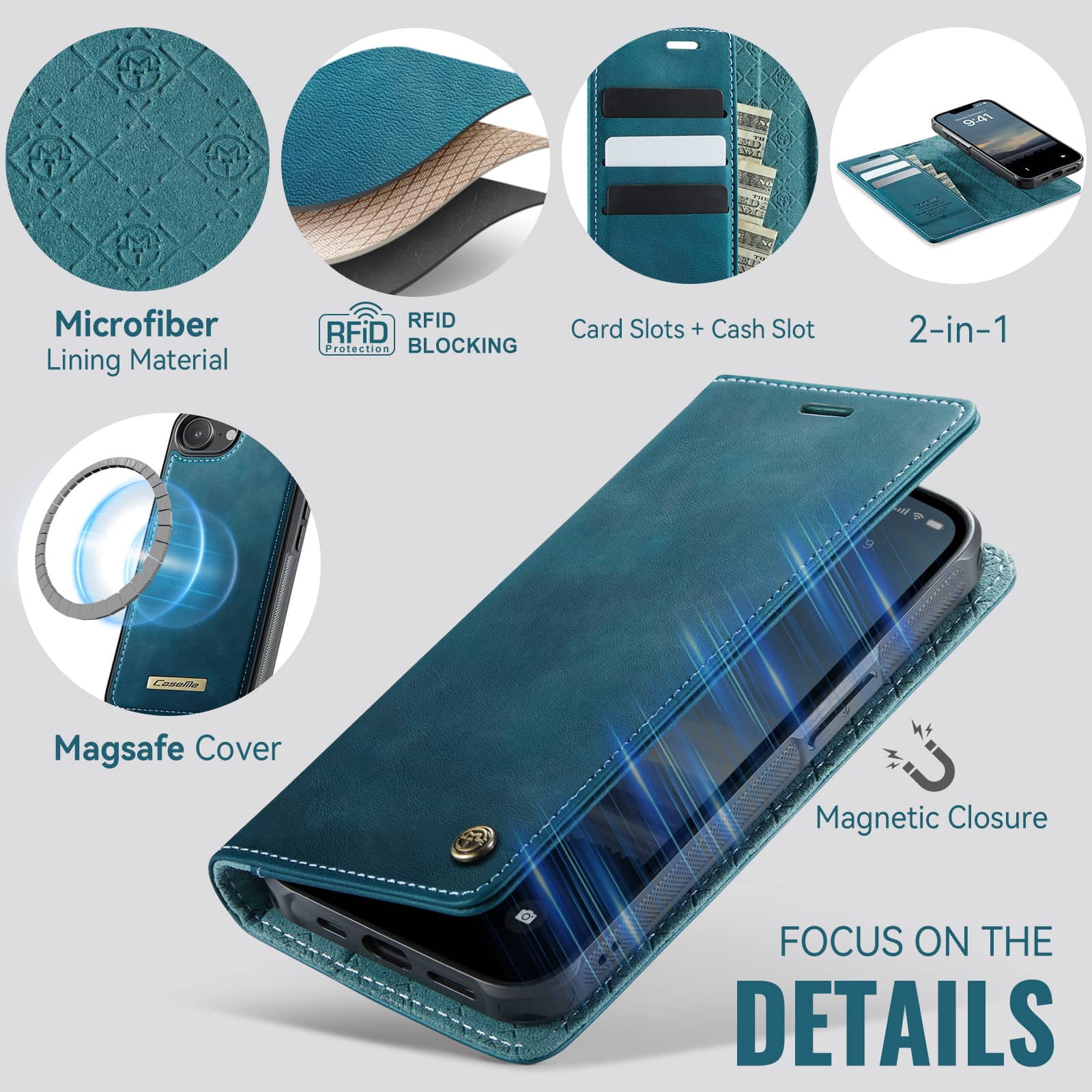 Magnetic 2 in 1 Magsafe Detachable Wallet Case for iPhone 16e with Card Holder Women Men, Retro PU Leather【RFID Blocking】Kickstand Shockproof Cover