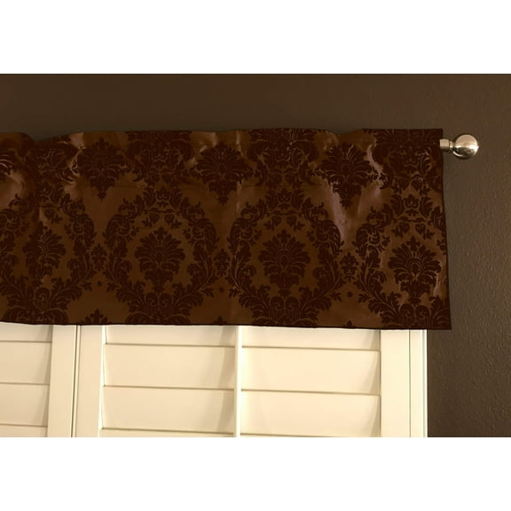 Flocked Damask Window Valance 58" Wide Brown on Brown