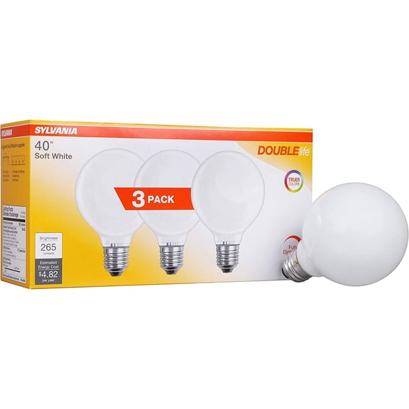 Incandescent Double Life Décor Globe Light Bulb, 40W, G25, Medium Base, 265 Lumens, Frosted, 2850K, Soft White - 3 Pack (15345)