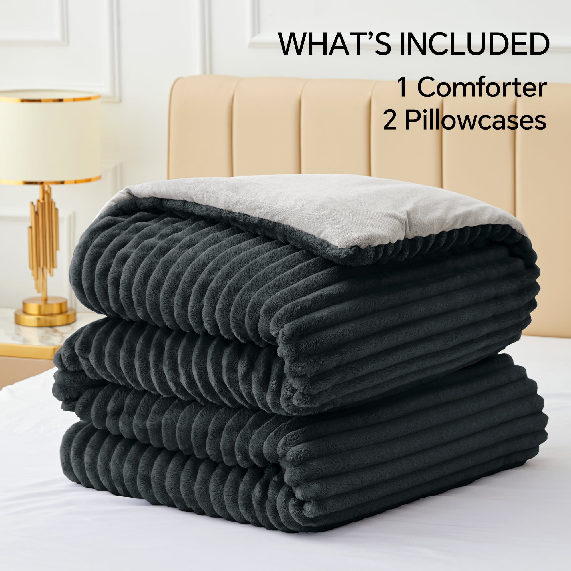 BEDELITE Fleece Queen Comforter Set -Super Soft & Warm Fluffy Black Bedding, Luxury Fuzzy Heavy Bed Set for Winter with 2 Pillow Cases