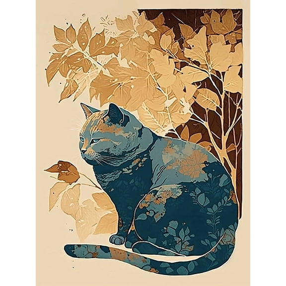 Cat by Countryside Shrub Bush in Autumn Modern Linocut Illustration Large Wall Art Poster Print Thick Paper 18X24 Inch