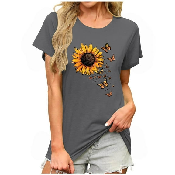 Women's Short Sleeve Shirts Sunflower Pattern Dressy Casual Summer Tops 2025 Trendy Blouses Cute T-Shirts Outfits Clothes