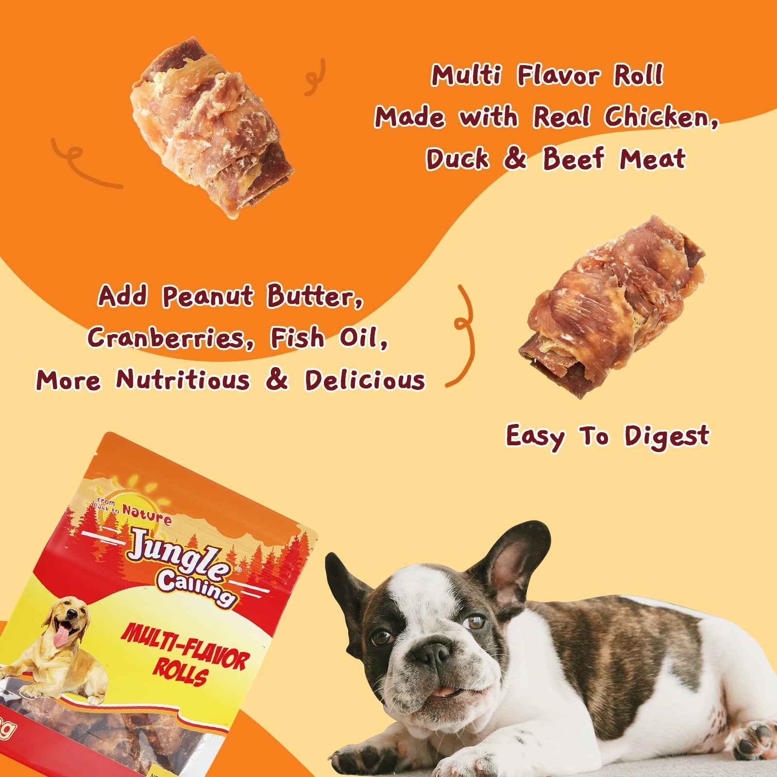 (5 pack) Jungle Calling Multi Flavor Rolls Dog Treats, Peanut Butter, Duck, Chicken & Beef, Rawhide Free Dog Snacks