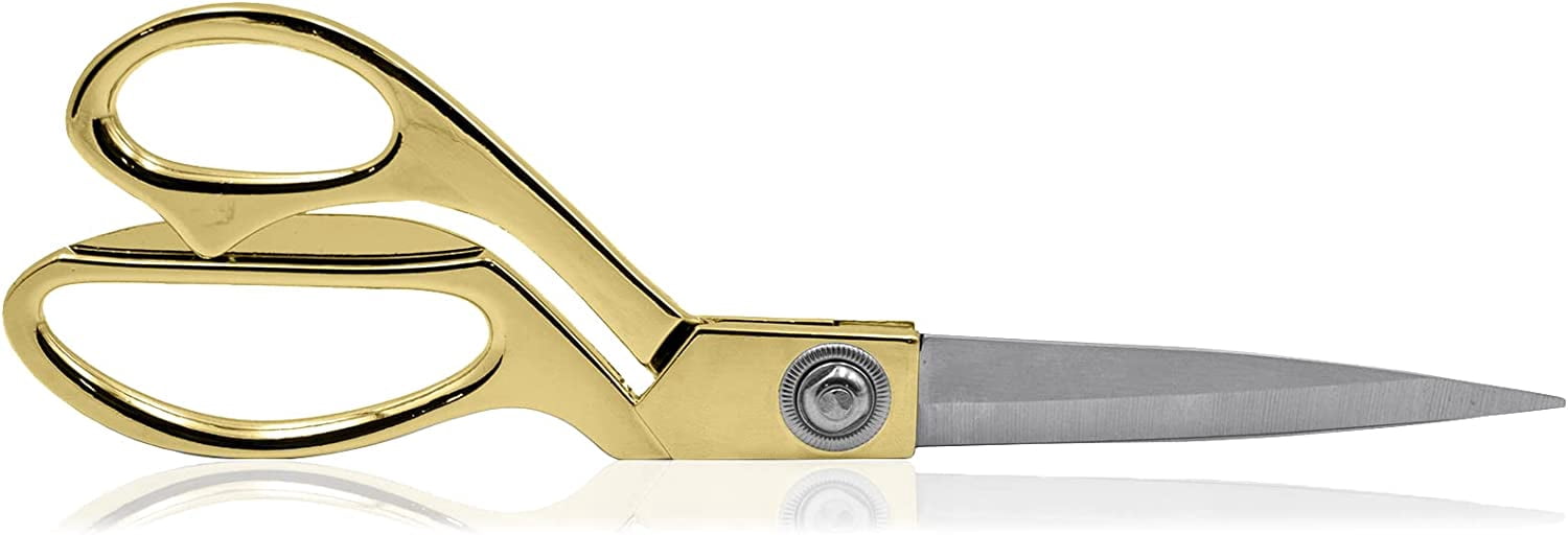 Professional Tailor 9.5” Sharp Scissors for Cutting Heavy Fabrics + Measuring Tape & Tailor’s Chalk (Gold)