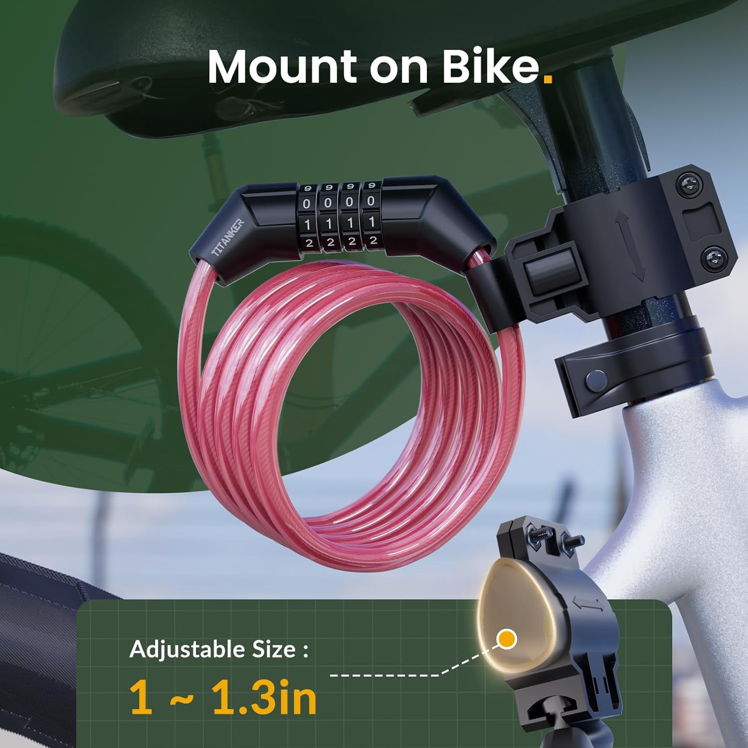 Bike Lock Cable, 4 Feet Bike Cable Lock Basic Self Coiling Kids Bike Lock Combination with Complimentary Mounting Bracket, 5/16 Inch Diameter (4FT, Pink-8mm)
