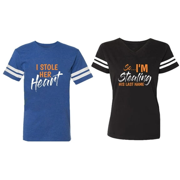 I Stole Her Heart So I am Stealing His Last name Matching Couple Cotton Jerseys (Men Royal / Women Black) (Men S / Women S)
