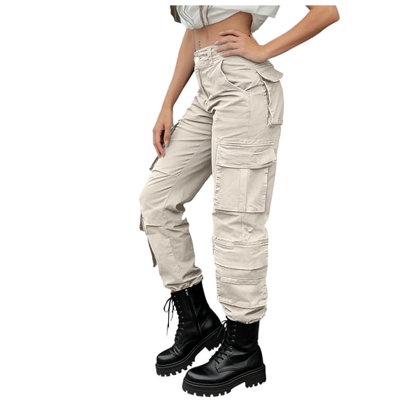 REALiKUN Women's High Waist Cargo Pants, Baggy Straight to Wide Leg Streetwear Trousers with Multiple Pockets
