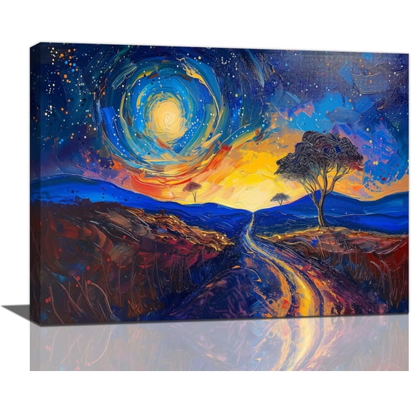 Blue Starry Night Wall Art Abstract Moon Landscape Picture Wall Decor Country Field Tree Nature Scenery Oil Painting Canvas Prints Framed Home Artwork for Living Room Bedroom Office 16"x12"