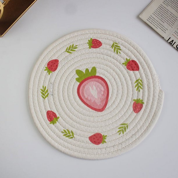 Posavasos de algodón y lino con pequeñas flores de estilo japonés, tapete de cuerda de algodón redondo grueso, mantel individual tejido a mano, tapete antiescaldaduras para platos y cuencos