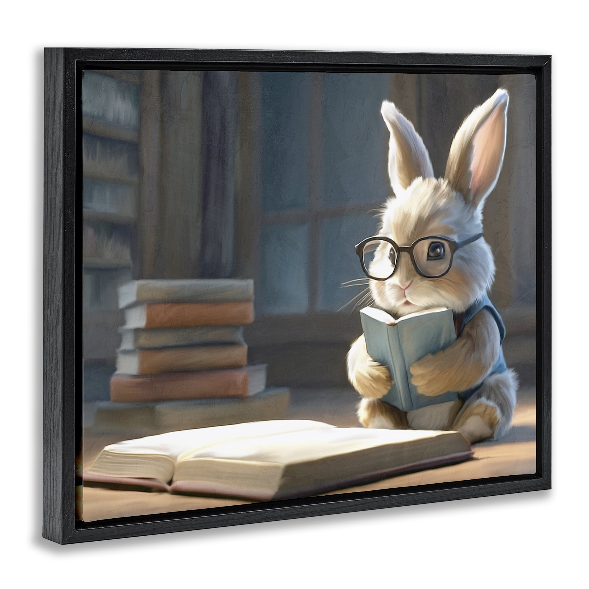 Stupell Industries Bookish Bunny at Desk Black Framed Floater Canvas Wall Art, design by Kim Allen