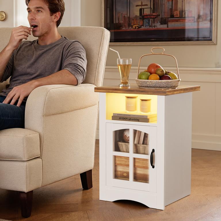 Homall Nightstand with Charging Station & Adjustable LED Lights, End Table Bedside Table with Glass Door & Open Shelf for Bedroom Living Room, White