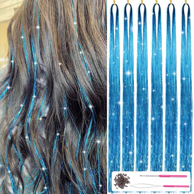 MISSUHUI Kit de espumillón para el cabello con herramientas de 47 pulgadas, 1200 hebras, extensiones de cabello de espumillón con purpurina, hebras de espumillón de pelo brillante, kit de hebras de es