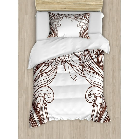 Art Nouveau Twin Size Duvet Cover Set, Vintage Victorian Renaissance Curving Branches in Earth Tones Classic, Decorative 2 Piece Bedding Set with 1 Pillow Sham, Seal Brown White, by Ambesonne