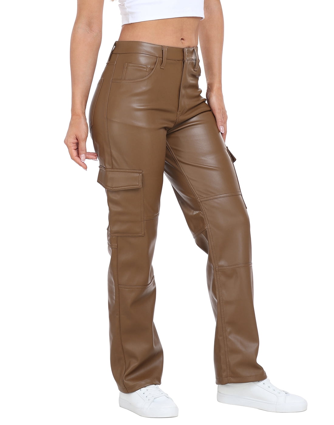 HDE Women's High Waisted Faux Leather Cargo Pants with Pockets Brown 31