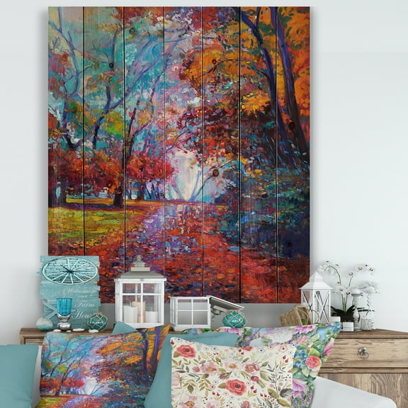 Designart 'Red Autumn Landscape With Little Road' Traditional Print on Natural Pine Wood