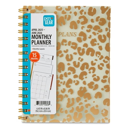 Pen+Gear Monthly Medium (6.45" x 8.06") Planner Gold Leopard 15 Month April 2025-June 2026