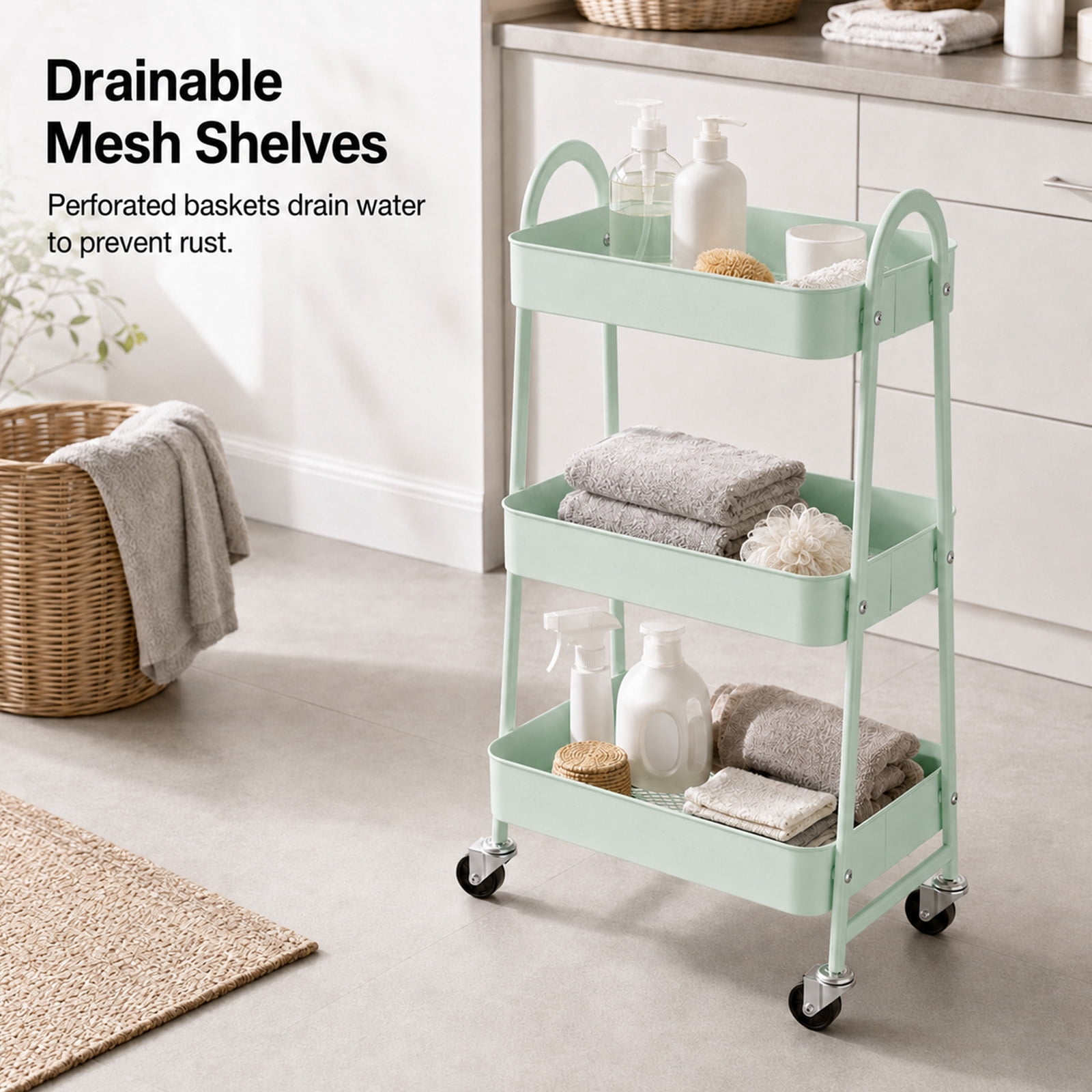 Alvantor 3-Tier Rolling Cart, Metal Rolling Utility Cart with Lockable Wheels, Multi-Functional Heavy Duty Storage Cart Organizer for Bathroom, Kitchen, Living Room, Office