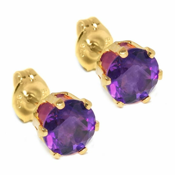 Gem Stone King 1.50 Cttw Round Purple Amethyst Yellow Gold Plated Stud Earrings for Women | Gemstone Birthstone | Round 6MM