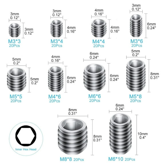 GHRTGR-200Pcs Allen Head Socket Hex Set Screw Bolts Assortment Grub Screws Kit Metric M3 M4 M5 M6 M8 w/Internal Hex Drive, Stainless Steel