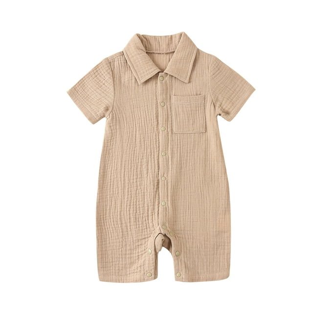 SUNSIOM Baby Boys Girls Jumpsuits Short Sleeve Lapel Collar Solid Color Button Up Rompers Newborn Clothes