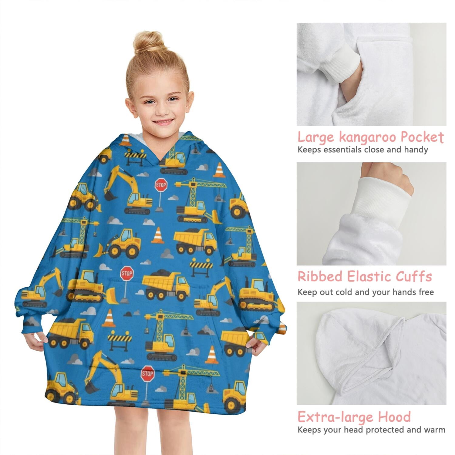 Cartoon Construction Vehicles Barriers Blue Pattern Blanket Hoodies for Kids 6-13YR Oversize Wearable Blanket Hoodies for Boys Girls Teens