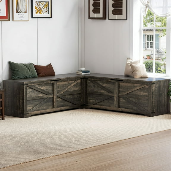 Craftian L-Shaped Wood Farmhouse Storage Bench,Storage Chest, Corner Storage Chest, Gray
