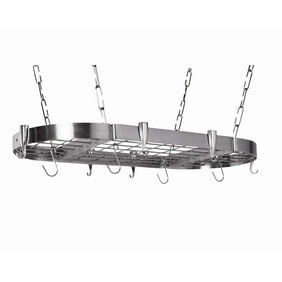 Satin Nickel Oval Hanging Pot Rack With Grid 24 Hooks Walmart Com