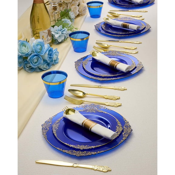 Goodluck 350 Piece Clear Blue Plastic Dinnerware Set for 50 Guests, Fancy Disposable Plates, Include: 100 Blue Rim Plastic Plates, 150 Silverwares, 50 Pre Rolled Napkins, 50 Cups for Party, Wedding