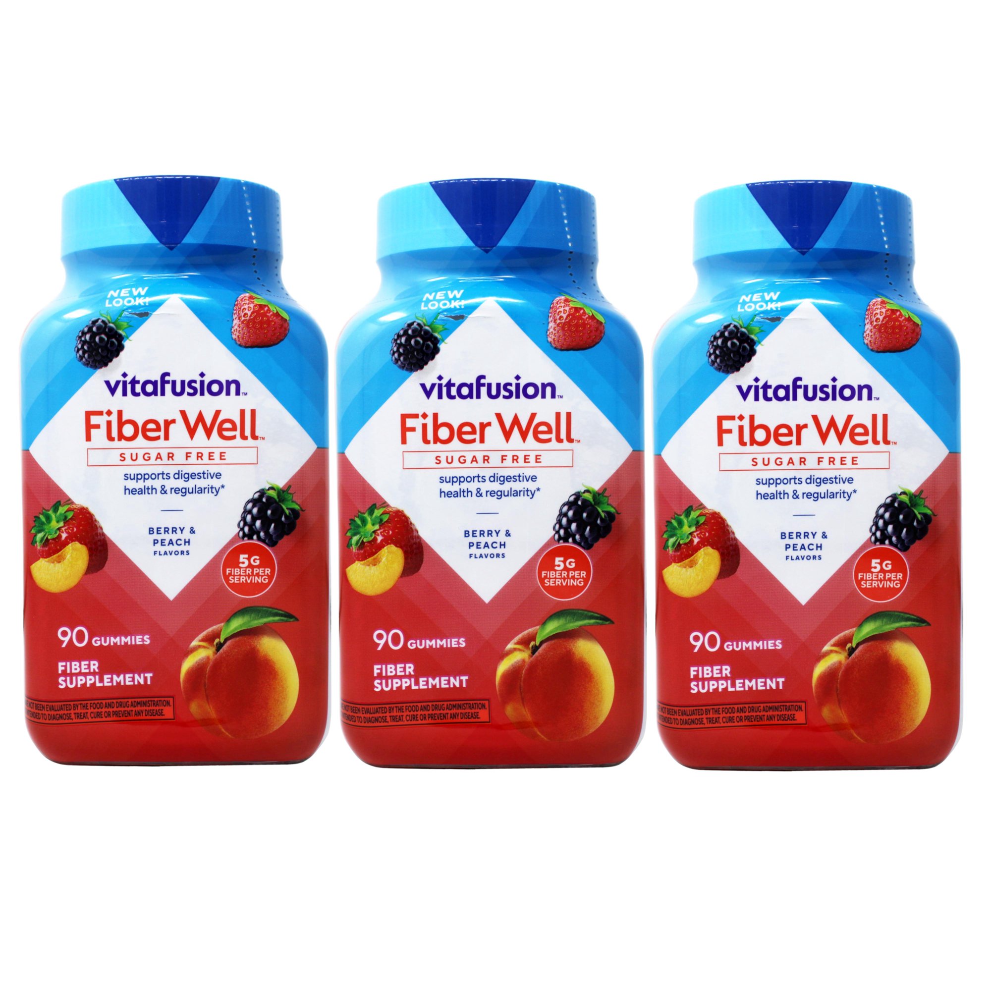 Vitafusion Fiber Well Sugar Free Fiber Supplement Gummies, Berry & Peach Flavors, 90 Count - 3 Pack