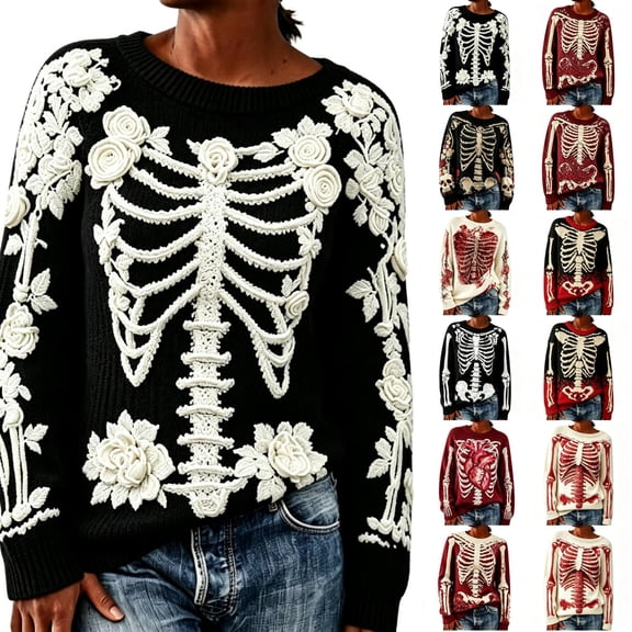 Hearthz Women’s 3d Floral Skeleton Jacquard Knit Casual Sweaters for Women Crew Neck Long Sleeve Womens Knit Sweater Fall Winter Pullover Sweaters for Women for Cool Weather