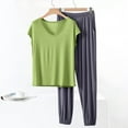 thumbnail image 2 of Bixock Pajamas for Women Set Solid Color V Neck Short Sleeve Long Pants Loungewear Set Loose Casual 2 Piece Pjs Sleepwear for Daily Home Wear, 2 of 5
