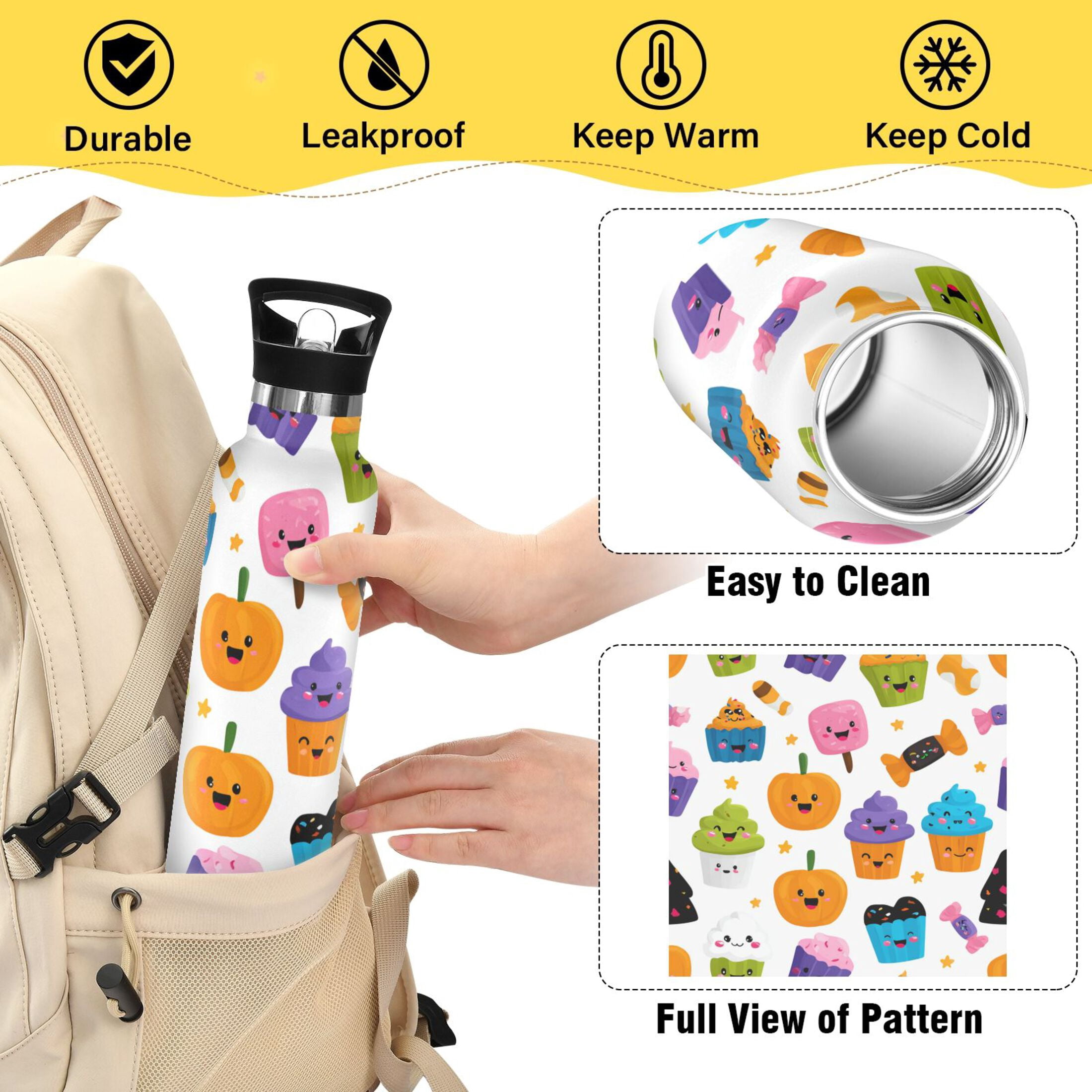 Kids Insulated Stainless Steel Sports Water Bottle 600ml (20oz) Halloween Cupcakes