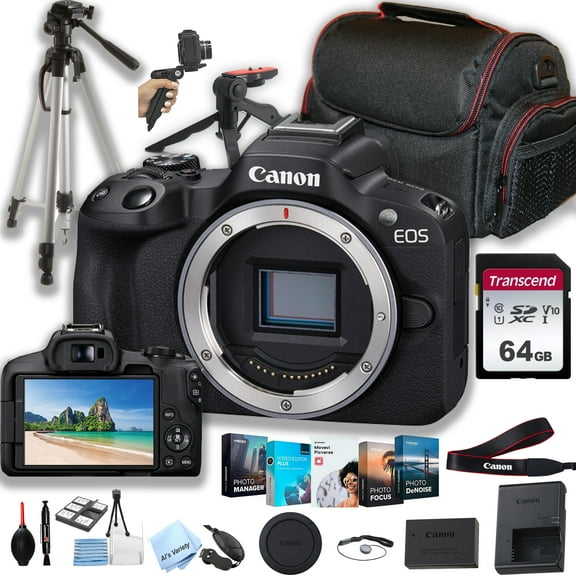 Canon EOS R50 Mirrorless Digital Camera Body Only (No Lens)   64GB Memory   Case  Steady Grip Pod   Tripod  Software Pack   More (28pc Bundle)