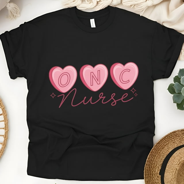 ONC Nurse Graphic T-Shirt with Pink Heart Letters Design, Black, Size L