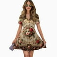 thumbnail image 2 of Elegant Rose Floral Print Women Dress V-Neck Short Sleeve Flowy Swing Party Midi Dress, 2 of 4