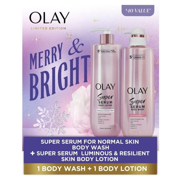 Olay Merry & Bright Gift Pack with Super Serum Body Wash & Lotion, 18.5oz Each