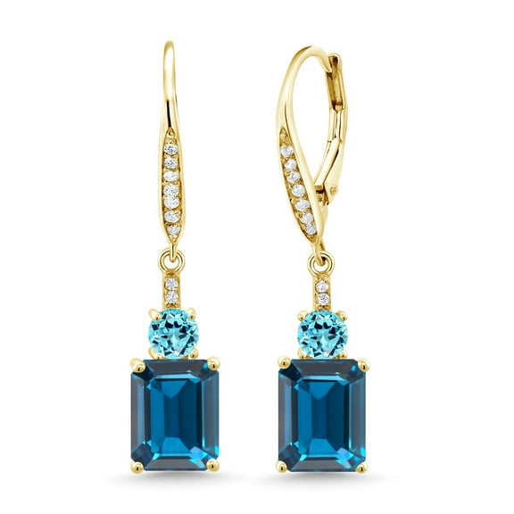 Gem Stone King 18K Yellow Gold Plated Silver London Blue Topaz and Swiss Blue Topaz Dangle Earrings for Women (6.13 Cttw, Gemstone November Birthstone, Emerald Cut 9X7MM)
