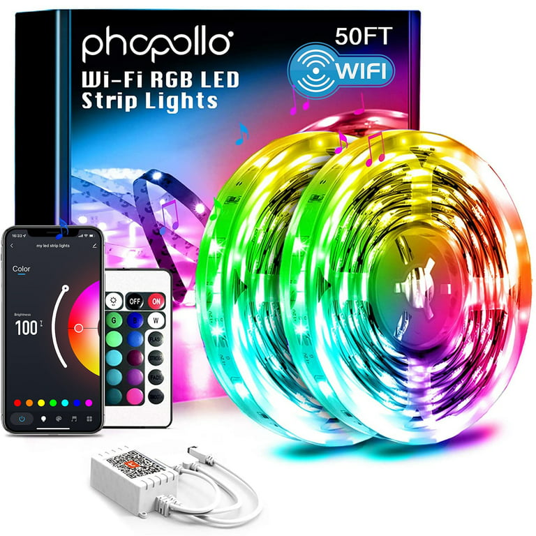 De er Udvalg kopi Phopollo 50ft Wifi LED Strip Lights, Work with Alexa and Google Assistant,  Color Changing RGB LED Lights for Bedroom Home Decor(25ft*2) - Walmart.com