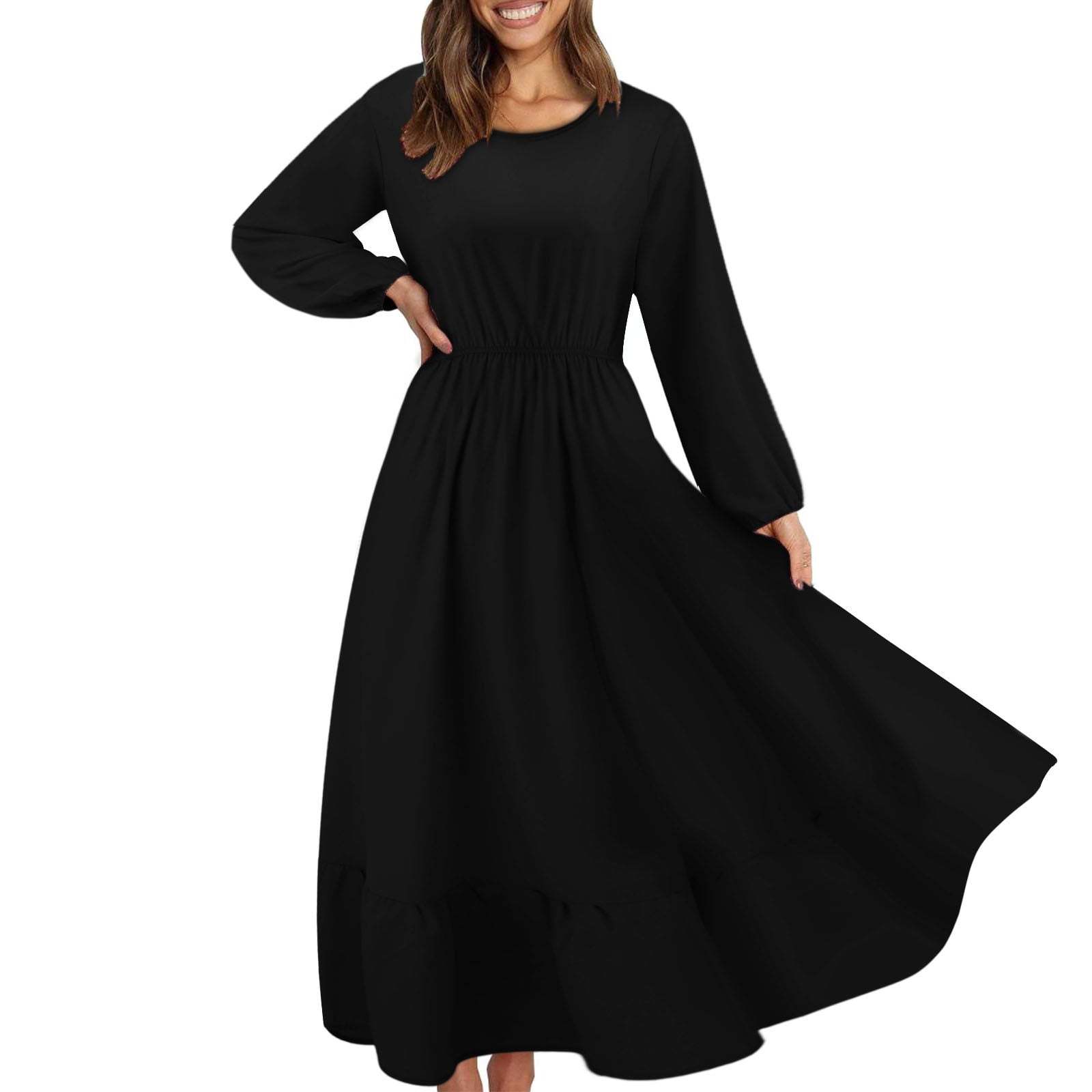 Black Dress Women'S Floral Print Long Sleeve Tiered Ruffle Hem Dress ...