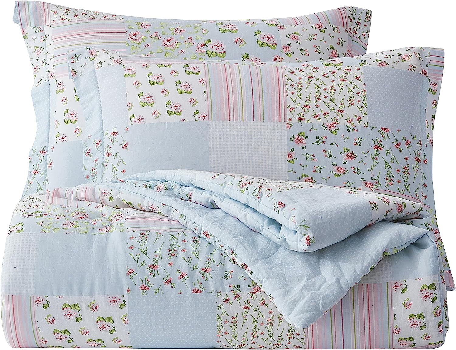 Chezmoi Collection Holly 3-Piece Washed Cotton Comforter Set Queen Size, Floral Bedding Set Blue White Pink Green Polka Dot Printed Patchwork Reversible Lightweight Comforter for All Season