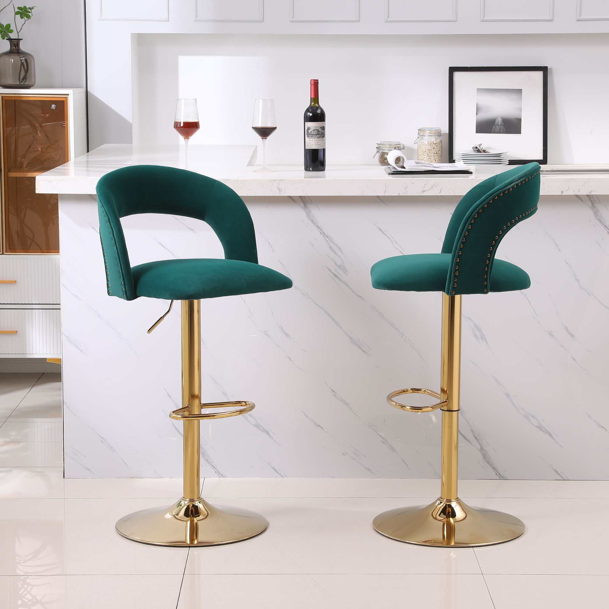 YYAo Swivel Bar Stools Chair Set of 2, Modern Adjustable Counter Height Bar Stools, Velvet Upholstered Stool with Back& Footrest for Kitchen, Emerald YYAo Swivel Bar Stools Chair Set of 2, Modern Adjustable Counter Height Bar Stools, Velvet Upholstered Stool with Back& Footrest for Kitchen, Emerald