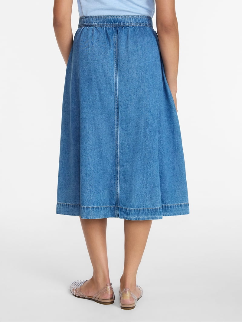 Time and Tru Women's Button Front Denim Midi Skirt, Sizes XS-XXXL