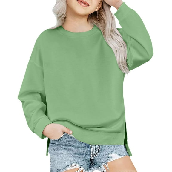 FAOWME Girls Solid Color Children Loose Round Neck Long Sleeve Sweatshirt Hoodie Pullover Tops Green 13 Years
